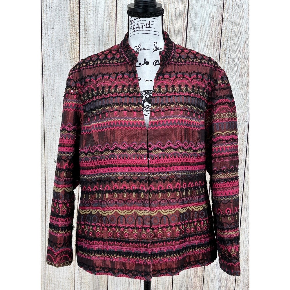 Chico's Embroidered Metallic Open Front Jacket Size 3‎ (XL 16-18) Boho Beaded